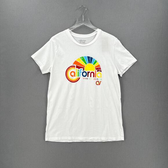 CALIFORNIAN VINTAGE Short Sleeve Crew Neck Tee Womes White Venice Rainbow Shirt - Picture 1 of 13
